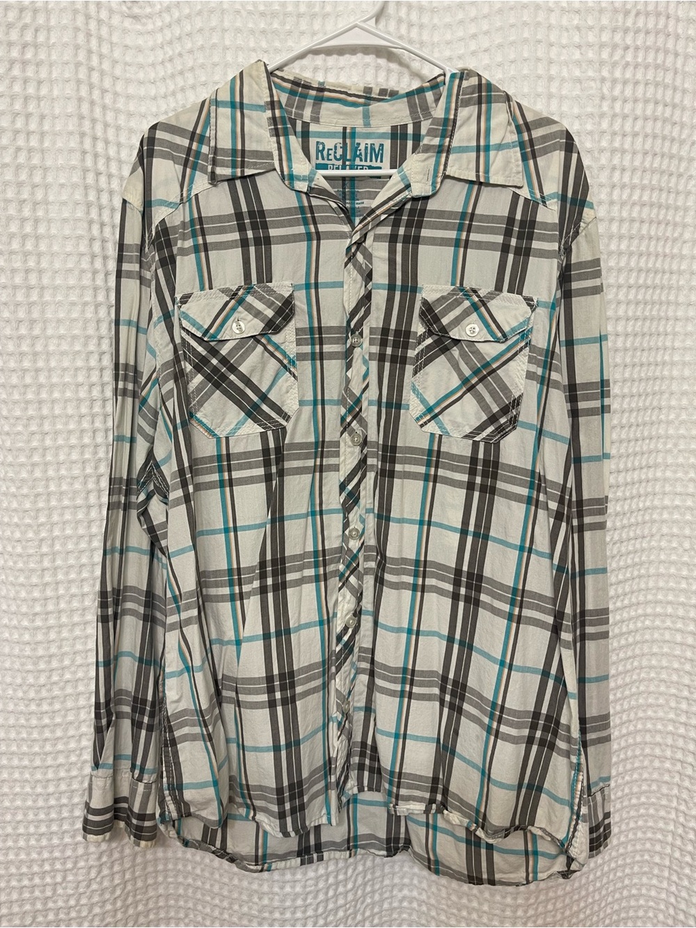 Men’s White Plaid Button-Up Shirt with Teal Accent